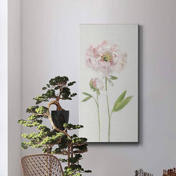 Renditions Gallery Canvas Floral Wall Art Home Paintings & Prints Single Stem Peony Rustic Romantic Botanical Modern Artwork Decorations for Bedroom Office Kitchen - 12"x24" LT43