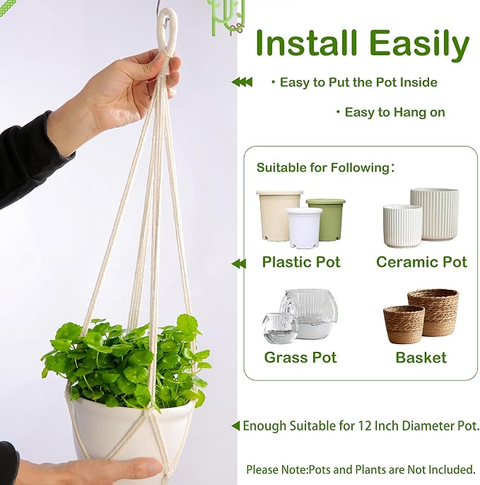4 Pack Macrame Plant Hangers Indoor Set Large Crochet Hanging Holder, Ivory