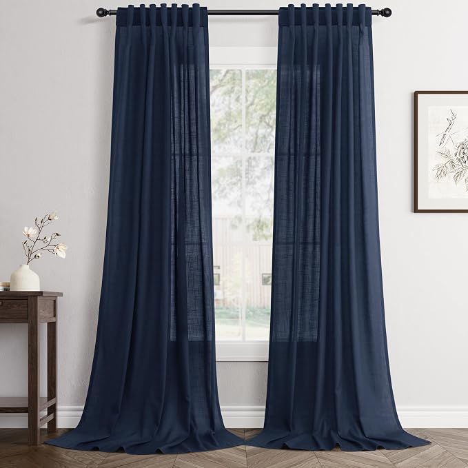 Jowels Navy Linen Curtains 90 Inch Long 2 Panels for Living Room | Navy Blue Light Filtering Semi Sheer Curtain,Back Tab Pocket Pleated Look,Boho Textured Privacy Drapes for Bedroom Window