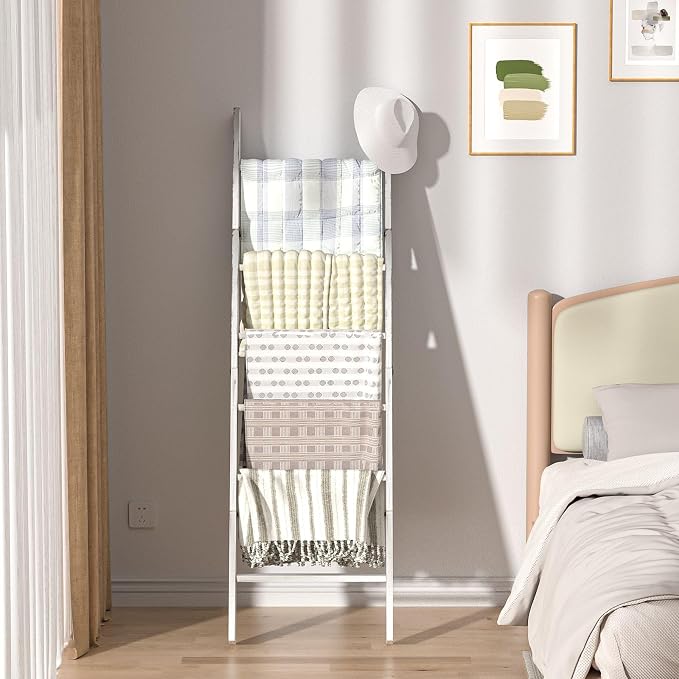 Honest Blanket Ladders for the Living Room, 6-Tier Blanket Holder, Wall-Leaning Blanket Rack, Ladder Shelves, Wooden Quilt Ladder, Farmhouse Decor, White