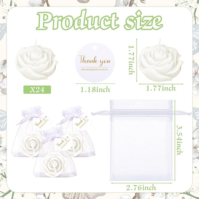 Treela 24 Set Rose Flower Candles, White Wedding Favors for Guests