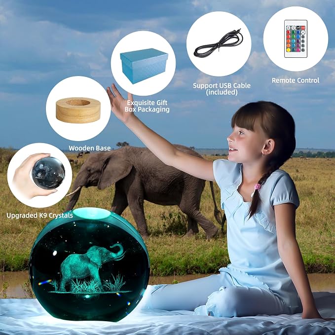3D Crystal Ball Night Light, 3.15 Inch Glass Ball Lamp with 16 Color LED Wooden Base, Elephant Lamp Decor for Birthday, Holiday, Christmas Gifts
