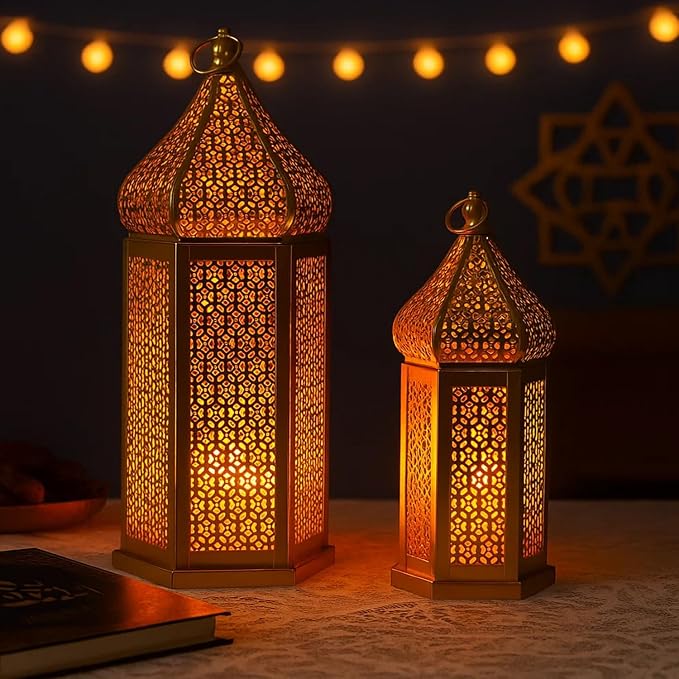 Vela Lanterns Decorative Indoor Gold Moroccan Temple Lanterns, Set of 2