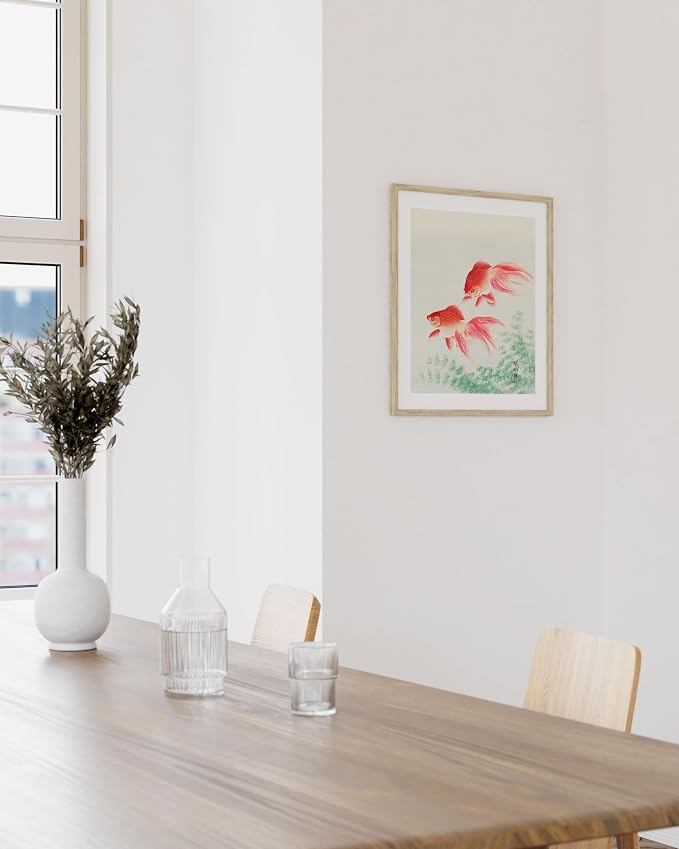 HAUS AND HUES Japanese Wall Art - Goldfish Artwork Framed Print, Japandi Asian Wall Art, Japanese Poster for Bedroom or Living Room, 24x36 Beige Frame