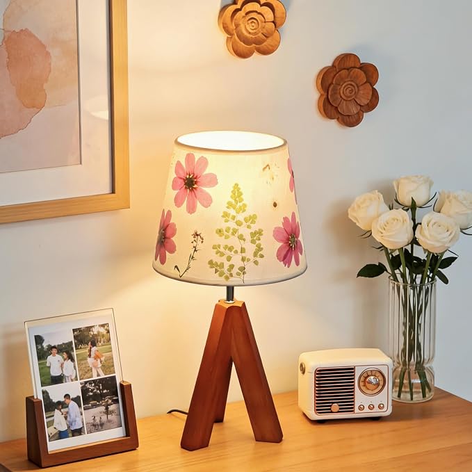 Dried Flowers Tripod Table Lamp 14.17in, 9W LED 3-Color Cute Bedside Lamp with Flowers Linen Lampshade for Nursery, Bedroom, Kid Room, Living Room, Light Brown Wooden Base