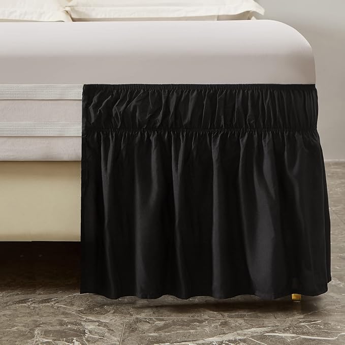 MEILA Wrap Around Elastic Bed Skirt for Queen & King Beds, 24" Drop, Black | Three-Side Adjustable Elastic Dust Ruffle, Ruffled Polyester Fabric, Easy to Install, Fade Resistant & Machine Washable