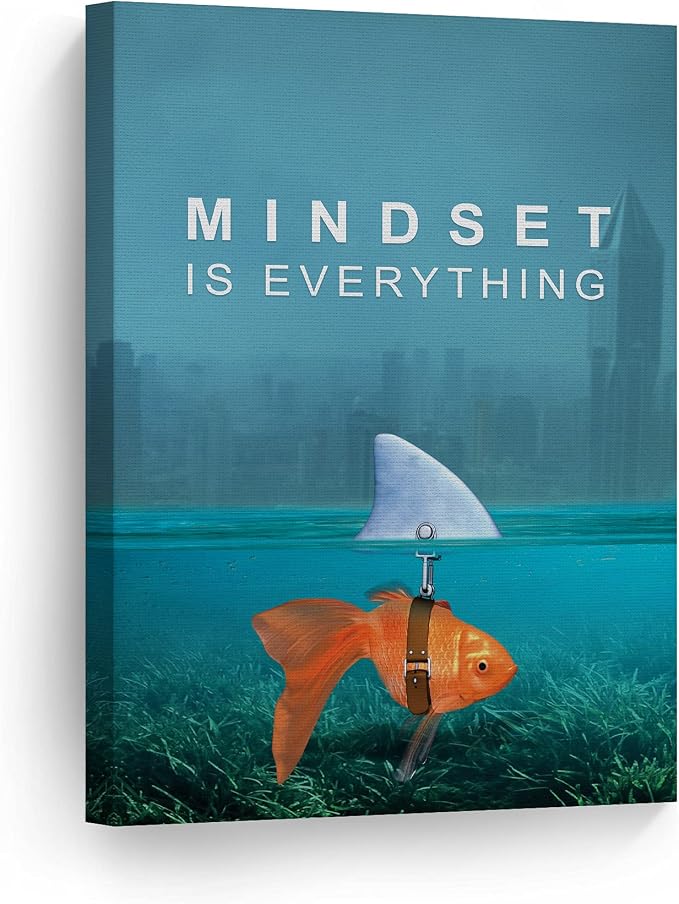 Smile Art Design Mindset is Everything Wall Art Canvas Print Goldfish Shark Entrepreneur Inspirational Motivational Quote Living Room Home Bedroom Office Decor Ready to Hang 12x8