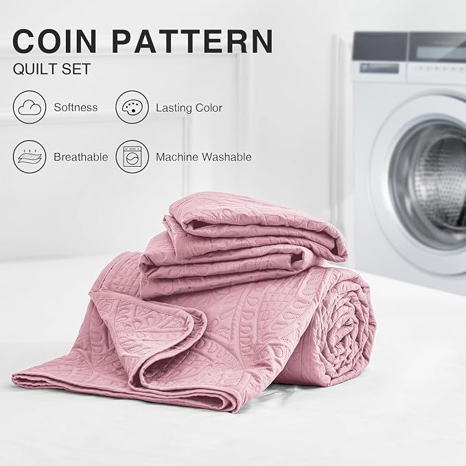Love's cabin Twin Quilt Set Pink Bedspreads - Soft Bed Summer Lightweight Bedspread Comforter - Modern Style Coin Pattern Coverlet for All Season - 2 Pieces (1 Quilt, 1 Pillow Sham)