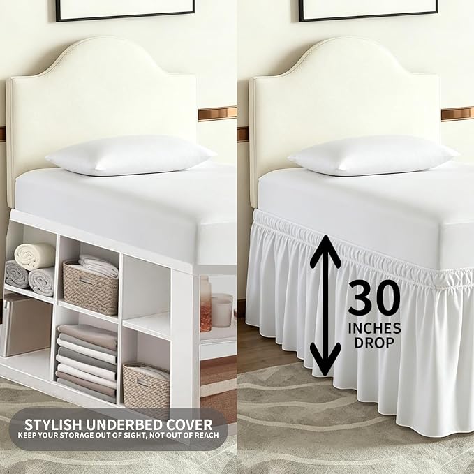 ANARACHON Dorm Bed Skirt Twin XL 30 Inch Drop, 100% Microfiber Extra Long College Dust Ruffle Bedskirt for Adjustable Beds, Elastic Wrap Around Design, White