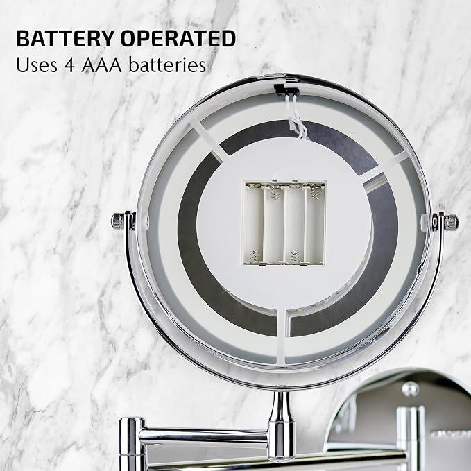 OVENTE 6.8" Lighted Wall Mount Makeup Mirror, 1X & 7X Magnifier, Adjustable Double Sided Round LED, Extend, Retractable & Folding Arm, Compact & Cordless, Battery Powered Polished Chrome MFW70CH1X7X
