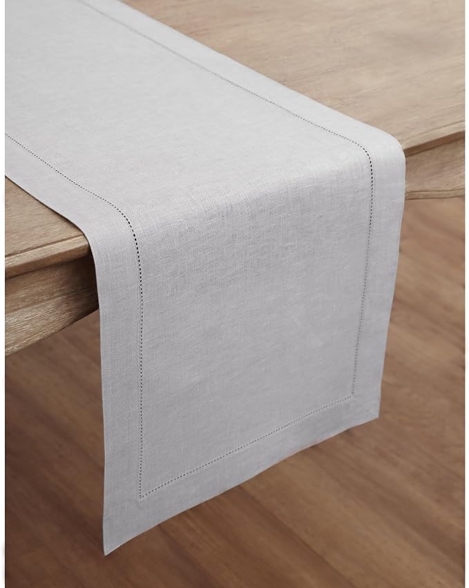 Solino Home 100% Pure Linen Table Runner Grey, Classic Hemstitch 14 x 60 in | styles dining tables for meals and celebrations, hemstitched border, mitered corners, machine washable, OEKO-TEX Certified