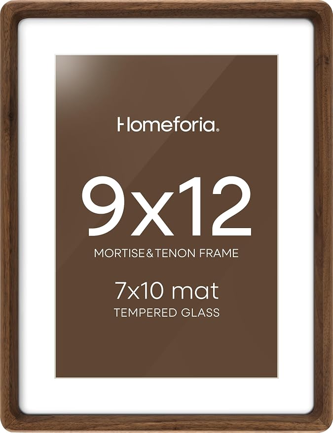 Homeforia 9x12 Mortise&Tenon Walnut Picture Frame, 7x10 Mat, Glass