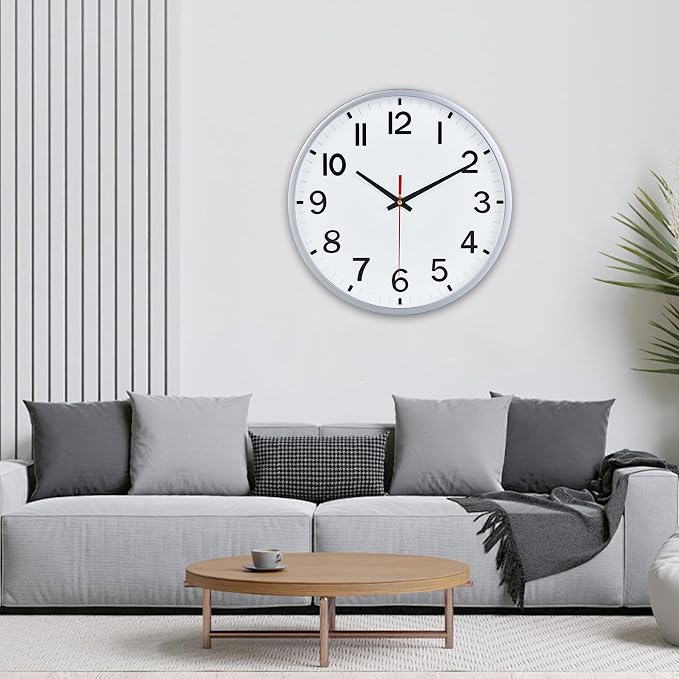 Wall Clocks Battery Operated 10 inch Modern Wall Clock,Silent Non Ticking Wall Clock for Living Room Bedroom Kitchen Office Classroom Decor (Silver and White)