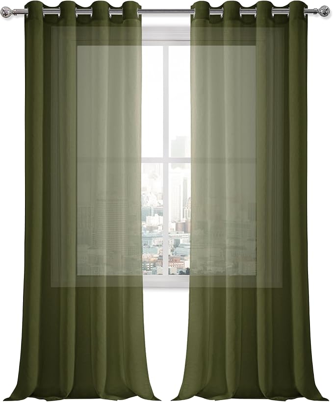 DWCN Olive Green Sheer Curtains for Living Room Bedroom Faux Linen Look Voile Drapes Grommet Top Window Curtain Panel 52 x 90 inches Long, Set of 2 Panels