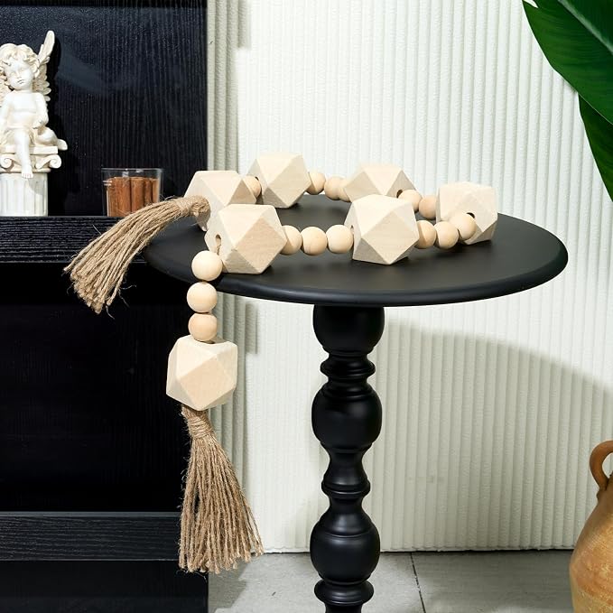 Extra Large Wood Bead Garland with 2" Diameter Wooden Beads, 42" Long Rustic Farmhouse Wooden Beads Garland with Tassels, Decorative Beads Boho Decorations for Home Table Mantle Natural Beige
