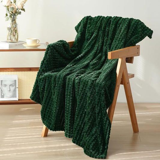 Puncuntex Fleece Throw Blanket Dark Green 60"×80" with Square Grid Design | Super Soft Plush Cozy Flannel Throw Blanket Luxury for Couch Sofa Chair