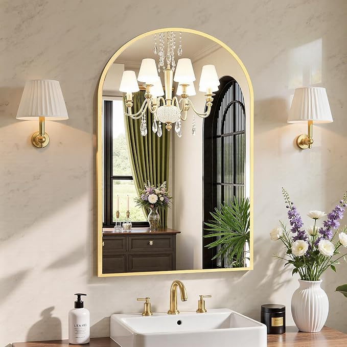 Sweetcrispy 22"x 30" Arched Gold Bathroom Mirrors for Wall | Bathroom Mirrors for over sink, Metal Framed with HD Shatter-Proof Glass for Entryway, Bedroom, Dressing Room, Home Decor