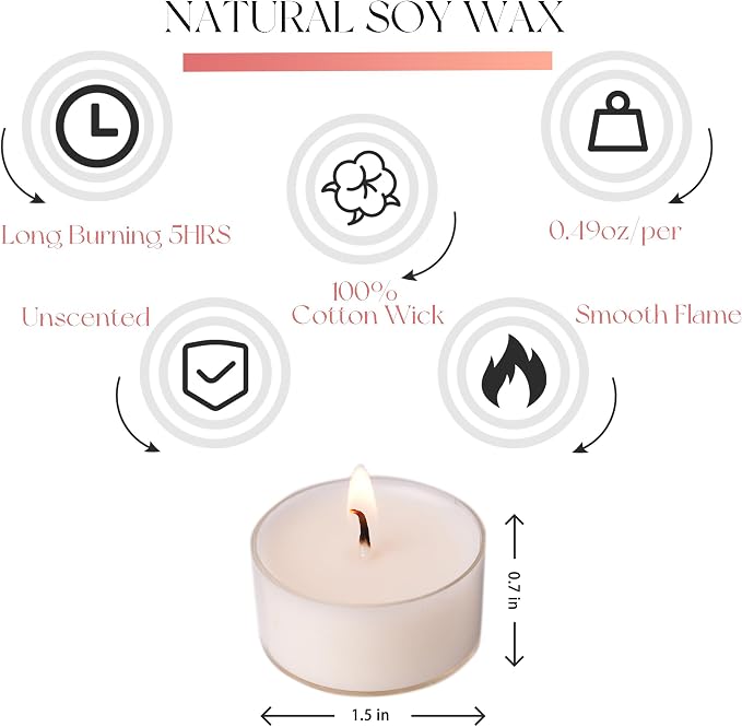 12 Coloful Unscented Natural Soy Tealight Candles in Clear Cup