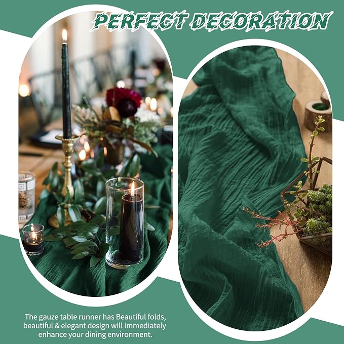 10 Pack Emerald Green Cheesecloth Table Runner 17x108 Inch Boho Gauze Cheese Cloth Table Runners for Wedding Party Baby Shower Birthday Home Decor