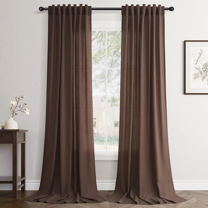 Jowels Coffee Linen Curtains 84 Inch Long 2 Panels for Living Room | Brown Light Filtering Semi Sheer Curtain,Back Tab Pocket Pleated Look,Farmhouse Textured Privacy Drapes for Bedroom Window