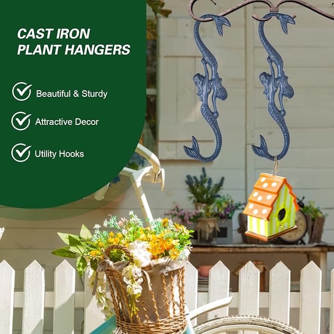 Sungmor Cast Iron Plant Hangers, 2PC Mermaid & 11 Inch Length, Large S Hooks for Hanging Plants, Ceiling Extender Hooks for Hanging Flower Basket, Planter, Macrame Plant Holder, Lantern, Windchime