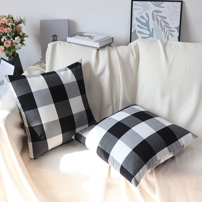 Buffalo Check Plaid Pillow Covers Farmhouse 18 x 18 Throw Pillow Covers Decorative Outdoor Throw Pillows for Couch Sofa Bed Christmas Home Pack of 2 Black and White