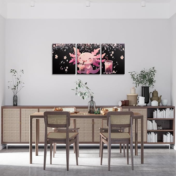 Feelyou Boys Girls Cute Axolotl Canvas Wall Art for Living Room Bedroom Cartoon Salamander Picture Wall Decor Cherry Blossoms Wall Painting Posters Kids Kawaii Bathroom Wall Art 12"x16"x 3Pcs
