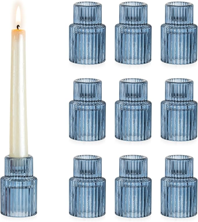 Hewory Glass Candlestick Holders Bulk, 10 PCS Blue Taper Candle Holders | For 0.86" Taper Candles, Ribbed, Vintage Candle Sticks Holder Decor, Wedding Table Centerpiece Baby Bridal Shower Party Gift