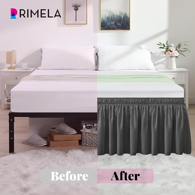 Dark Grey Bed Skirt Queen Size 12" Drop, Elastic Wrap Around Bedskirt | Solid ruffled, Wrap-around/elastic, Wrinkle & Fade resistant, with Adhesive Strips, Gift Packed, Machine Wash/Tumble Dry/Iron