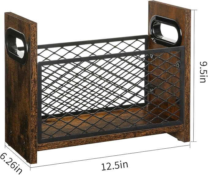 YINMIT Magazine Holder, Small Magazine Rack Floor or Desktop Storage Basket | Wood and Metal Construction, Retro Book Organizer, Compact Magazine File Holder for Desktop, Living Room, Office