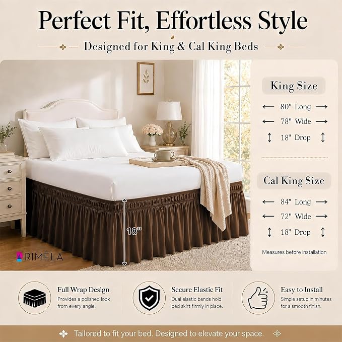 Brown Bed Skirt King Size 18 Inch Drop, Elastic Wrap Around Bedskirt | Solid Ruffled, Easy to Use, No Mattress Lifting, Wrinkle & Fade Resistant, with Adhesive Strips, Machine Wash/Dry/Iron