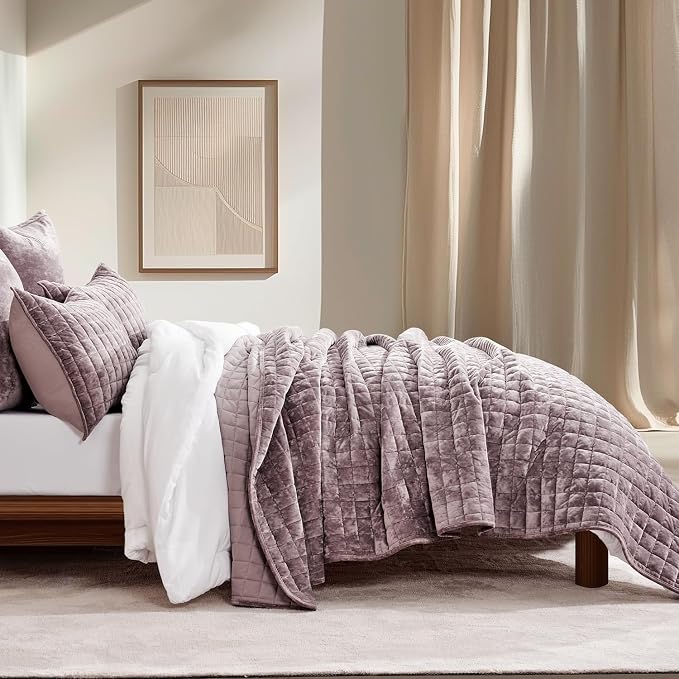 RECYCO Channel Box Stitch Velvet Quilt Set, King Size, Purple | Ultra Soft Lightweight Velvet Comforter, Luxury Oversized Bedspread Coverlet, Quilted Bedding Set for All Season with 2 Shams