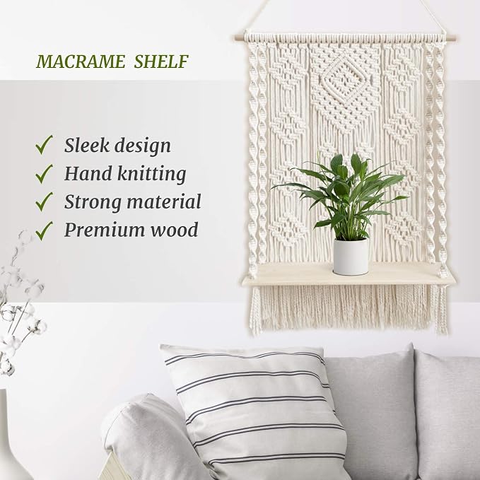 Macrame Wall Hanging Plant Decor Shelf Indoor Outdoor Floating Wood shelve Decorative Hand Made Rope Boho Shelving for Plants