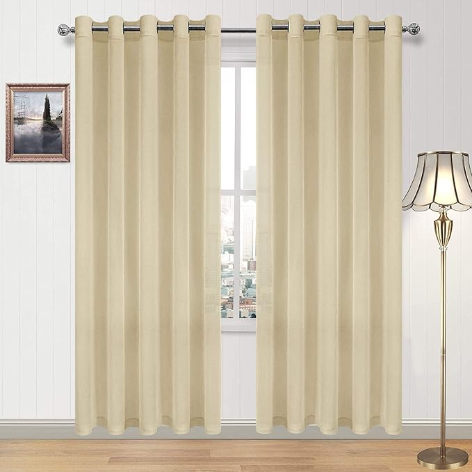 Beige Sheer Curtains 60x84 Inch Grommet Linen Look Set of 2 Panels
