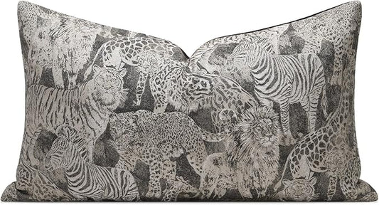 Wildlife Safari Throw Pillow Cover 12x20 inch, Animal Jacquard Cushion Cover, Lion Tiger Cheetah Zebra Giraffe Pattern, Decorative Pillow Case with Hidden Zipper for Living Room Couch