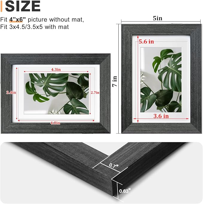 Egofine 4x6 Picture Frames Set of 4, Made of Solid Wood Covered by Plexiglass 3x4.5 and 3.5x5 with Mat or 4x6 without Mat, for Table Top Display and Wall Mounting Photo Frame, Rustic Black