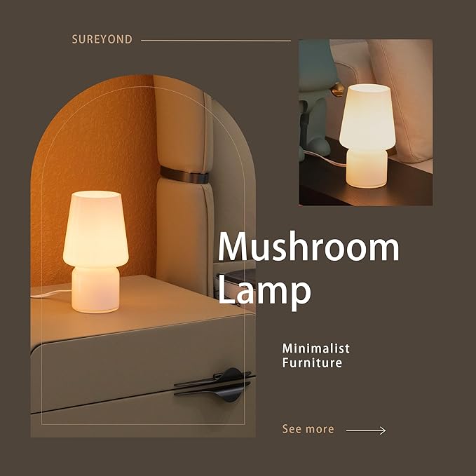 Mushroom Lamp,Mother's Day Gifts,Small Table Lamp,Cute Nightstand Kitchen Mini Lamp,Glass Table Lamp,Suitable for Bedrooms, Kitchens, Living Rooms, Bedside, Girl Gifts（White）