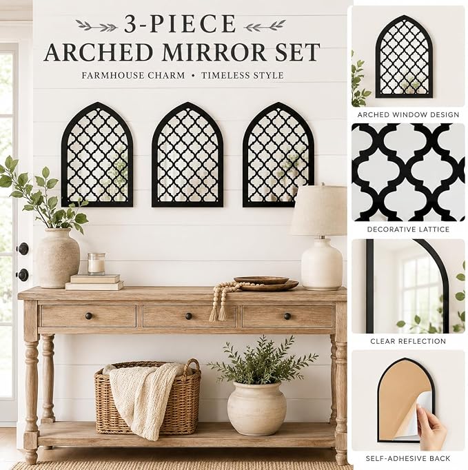 1 Pcs Gothic Window Wall Mirror Decor, 12.8 x 8.9 Inch Self Adhesive Arched Decorative Mirror Wall Sticker for Bedroom Bathroom Living Room Entryway Hallway Apartment and Home Accent Decor
