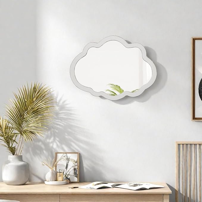 Rustic Small Cloud Mirror 16 X 12 Inch, Distressed White | Wooden Frame, Wall Hanging Scalloped Unique Wavy Mirrors for Entryway, Farmhouse Irregular Wall Mirror for Living Room
