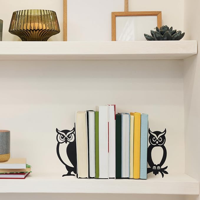 Geelin Metal Owl Bookends Set of 2, Black Book Ends for Shelves Decor