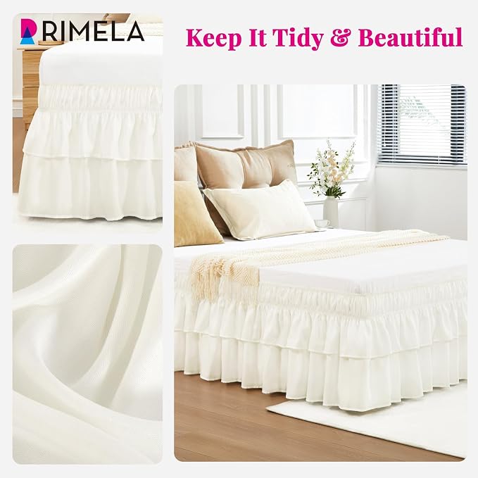 RIMELA Queen Size Ruffle Bed Skirt 18 Inch Drop - Cream White Double Layered Wrap Around Dust Ruffle, Romantic Cute Design Bedskirt with High-Density Fabric, Soft Stretchy, Easy Install for Queen Bed