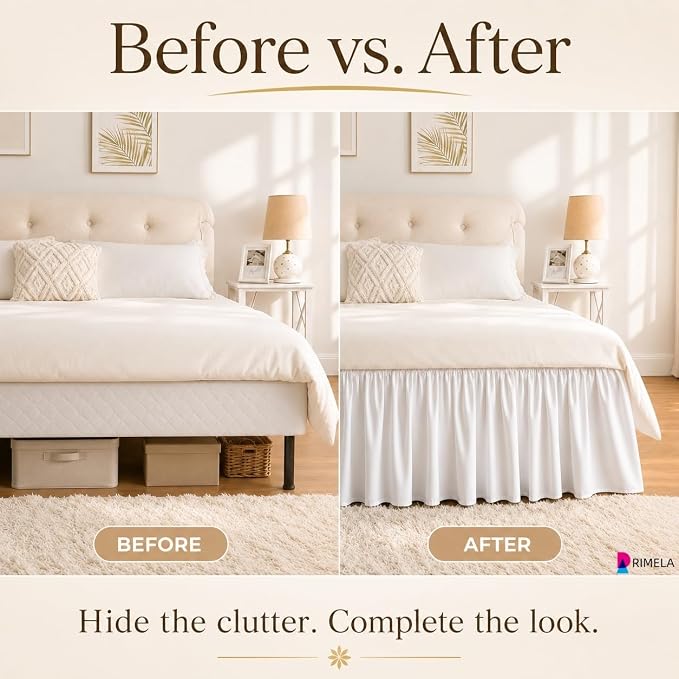 Warm White Bed Skirt King Size 12" Drop, Elastic Wrap Around Bedskirt | Solid Ruffled, Easy to Use, No Mattress Lifting, Wrinkle & Fade Resistant, with Adhesive Strips, Machine Wash/Dry/Iron