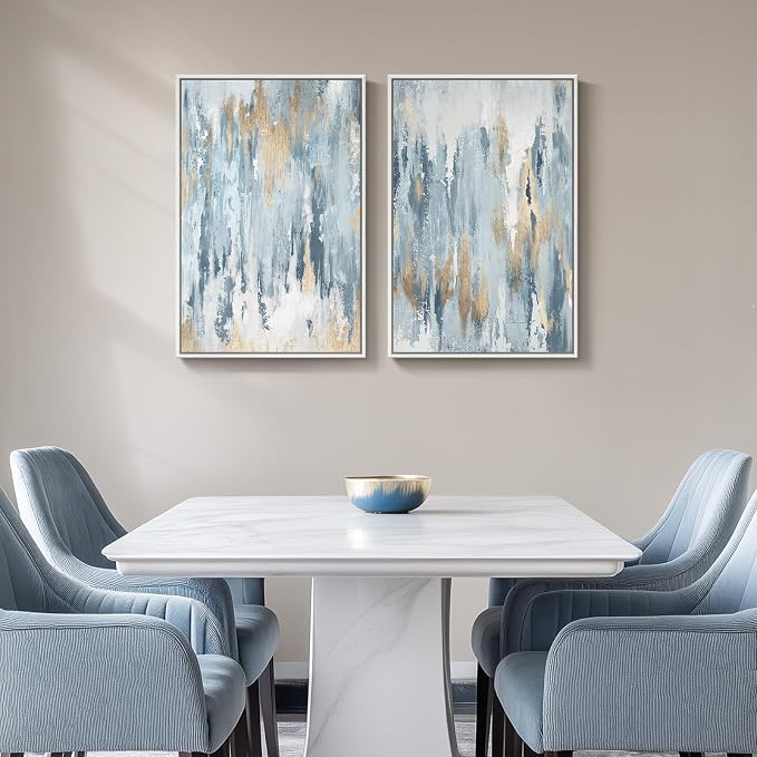 Large Framed Blue Gold Abstract Canvas Wall Art Decor Set of 2, 24x30 In | Glitter, Modern paintings, Light Blue, Gold details, Minimalist pictures, Wood frame, Living room, Dining room wall decor