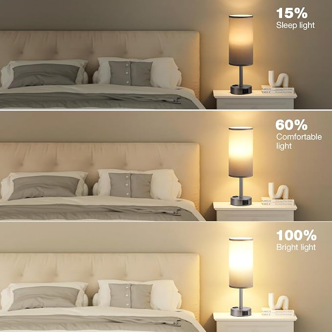 Fenmzee Grey Bedside Lamp for Bedroom, Dimmable Touch, USB A+C, AC Outlet