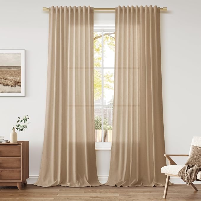 Linen Curtains 96 Inches Long for Living Room Back Tab Semi Sheer Floor to Ceiling 8ft Light Filtering Curtain Boho Farmhouse Decor Window Drapes for Bedroom 52x96 2 Panels Sand Beige