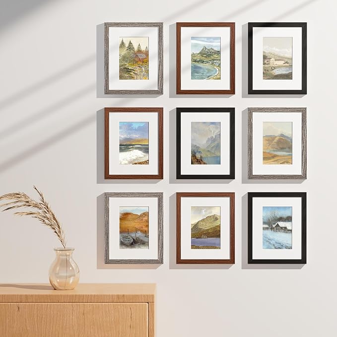 Vittanly 8x10 Picture Frames Set of 9, Black&Walnut Brown&Dark Grey | Display Pictures 5x7 with Mat or 8x10 without Mat, Small Photo Frames, Engineered Wood with Shatter Resistant Plexiglass