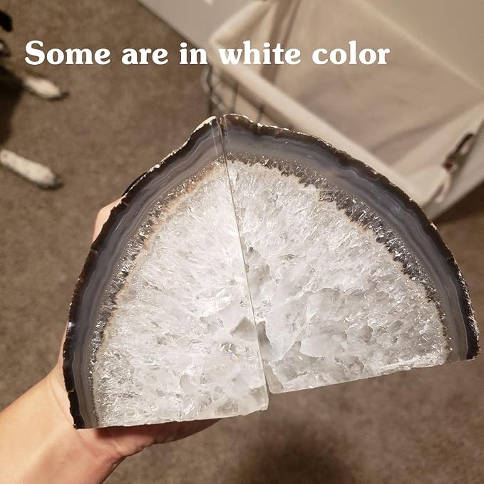 Agate Geode Bookends Heavy Duty Natural Crystal Stone Book Holders Decor | Polished Stone Book Stoppers Supports Home Office Decor with Rubber Bumpers Natural Brown 1 Pair, 2-3 LBS
