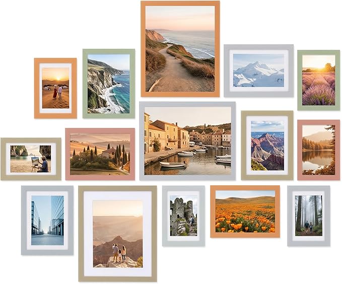 Fixwal Picture Frames Set, 15 Pack, MDF, Soft Earth Tones, 8x10, 5x7, 4x6 | Wall or Tabletop Decor, High-definition Plexiglas panels