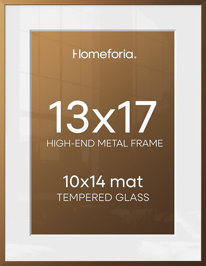 Homeforia 13x17 Bronze Picture Frame, High-End Metal, 10x14 Mat, Glass