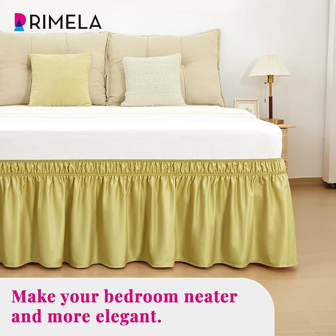 Gold Green Bed Skirt Queen Size 15" Drop, Elastic Wrap Around Bedskirt | Solid Ruffled, Easy to Use, No Mattress Lifting, Wrinkle & Fade Resistant, with Adhesive Strips, Machine Wash/Dry/Iron